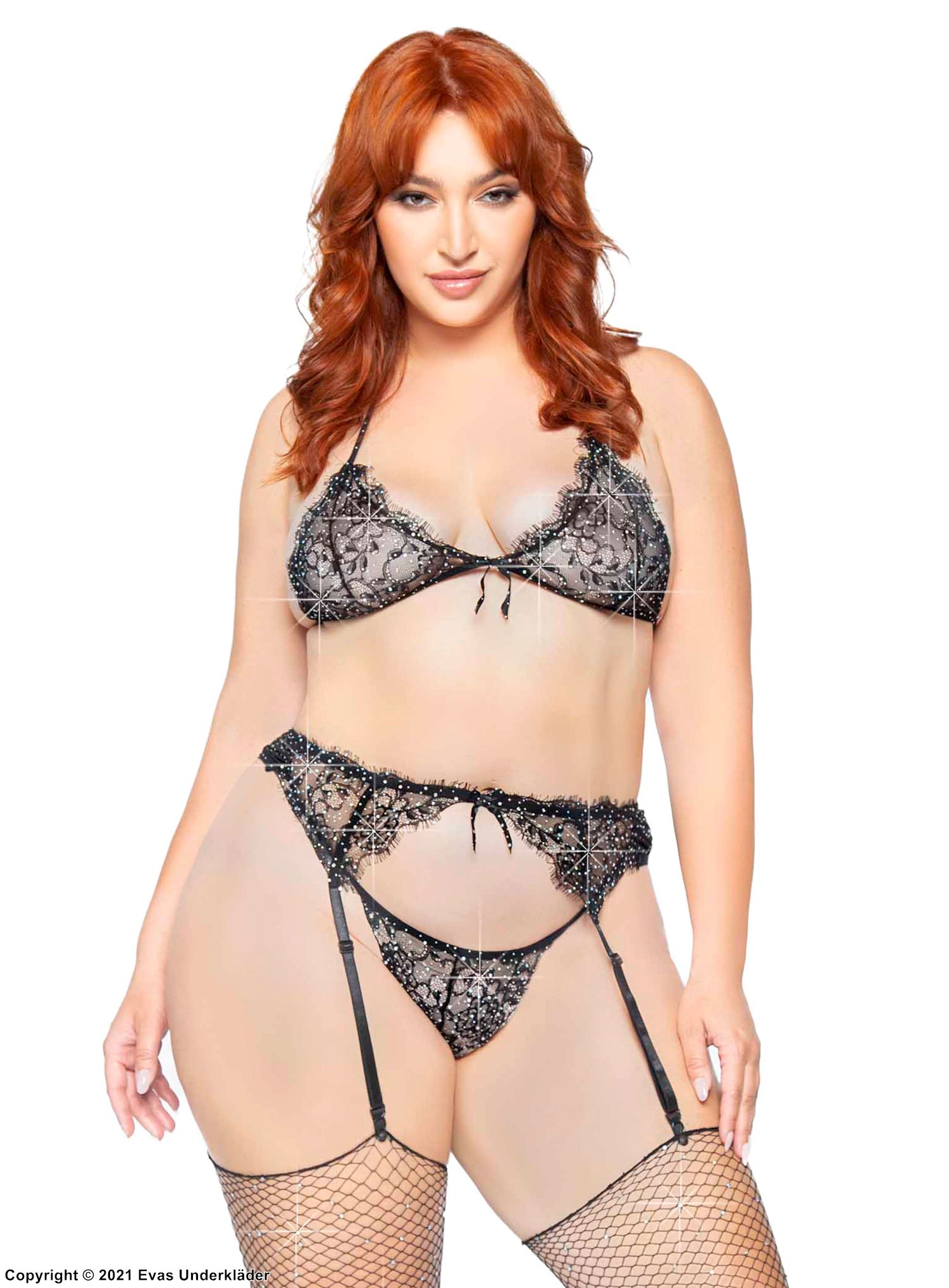 Romantisches Dessous-Set, Strasssteine, Wimpernspitze, Plus Size